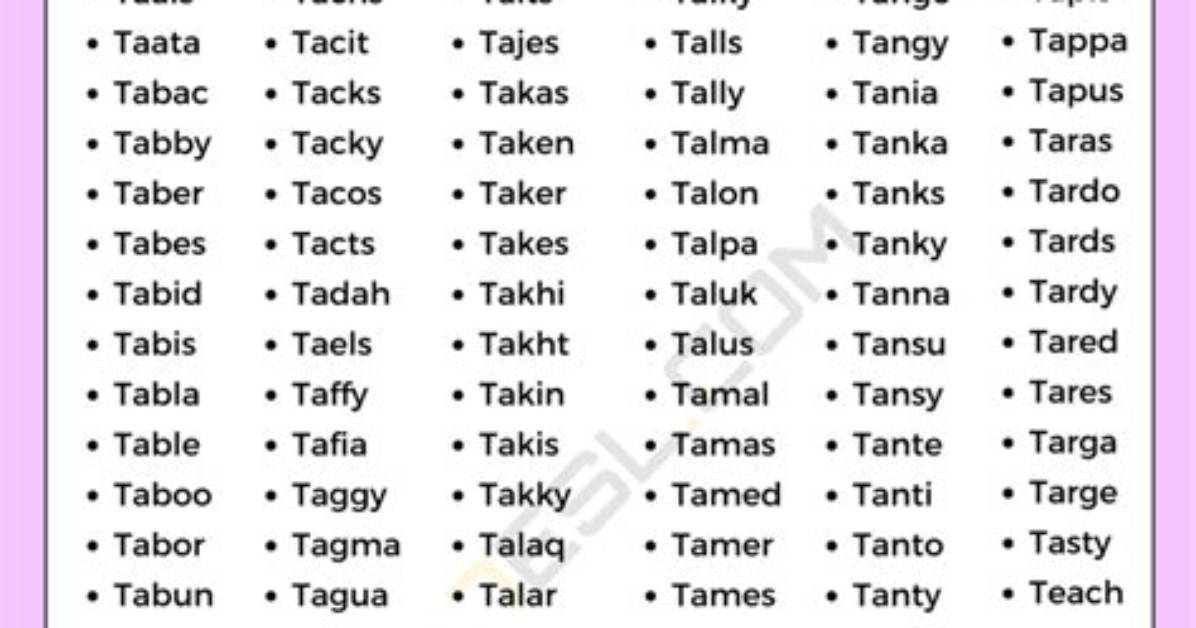 5 Letter Words with T as 1St Letter and Ak as 4Th and 5Th Letter All Words List
