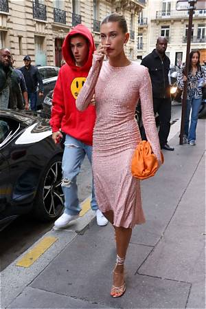 Hailey Bieber Wears Ab-Baring Nude Cutout Dress for Macron Meeting